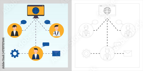 Digital Communication Network Vector -Business Team Connected to Central System Hub