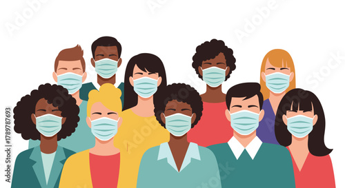 Illustration of a diverse group of people, men and women of various ethnicities, wearing light blue protective face masks for public health and safety.