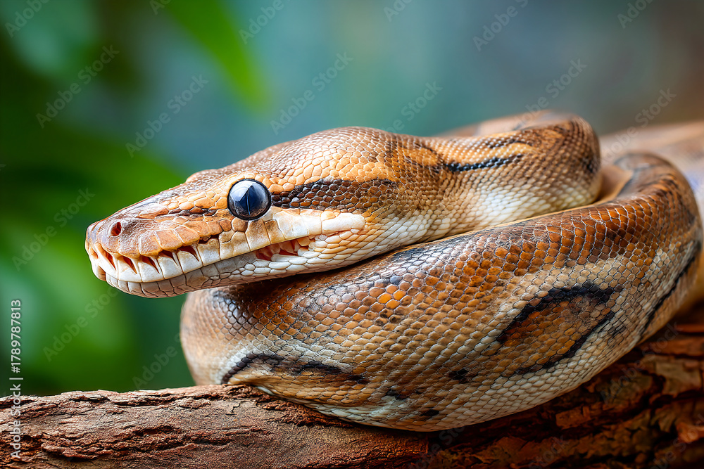 Fototapeta premium Coiled snake resting on a branch in a lush jungle environment Generative AI