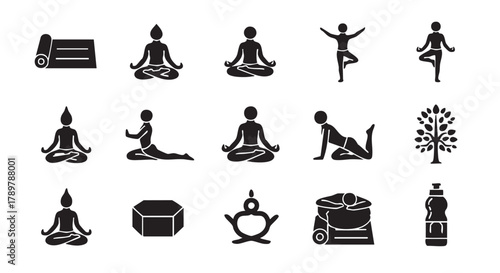 Yoga Poses Icons Set Black Silhouettes Meditation Exercises and Equipment