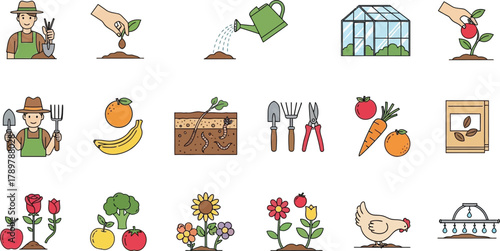 Agriculture Icons Set Fruits, Vegetables, Gardener, Tools, Farm Animals