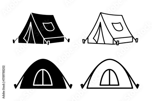 Camping tent icon set vector outline and silhouette design