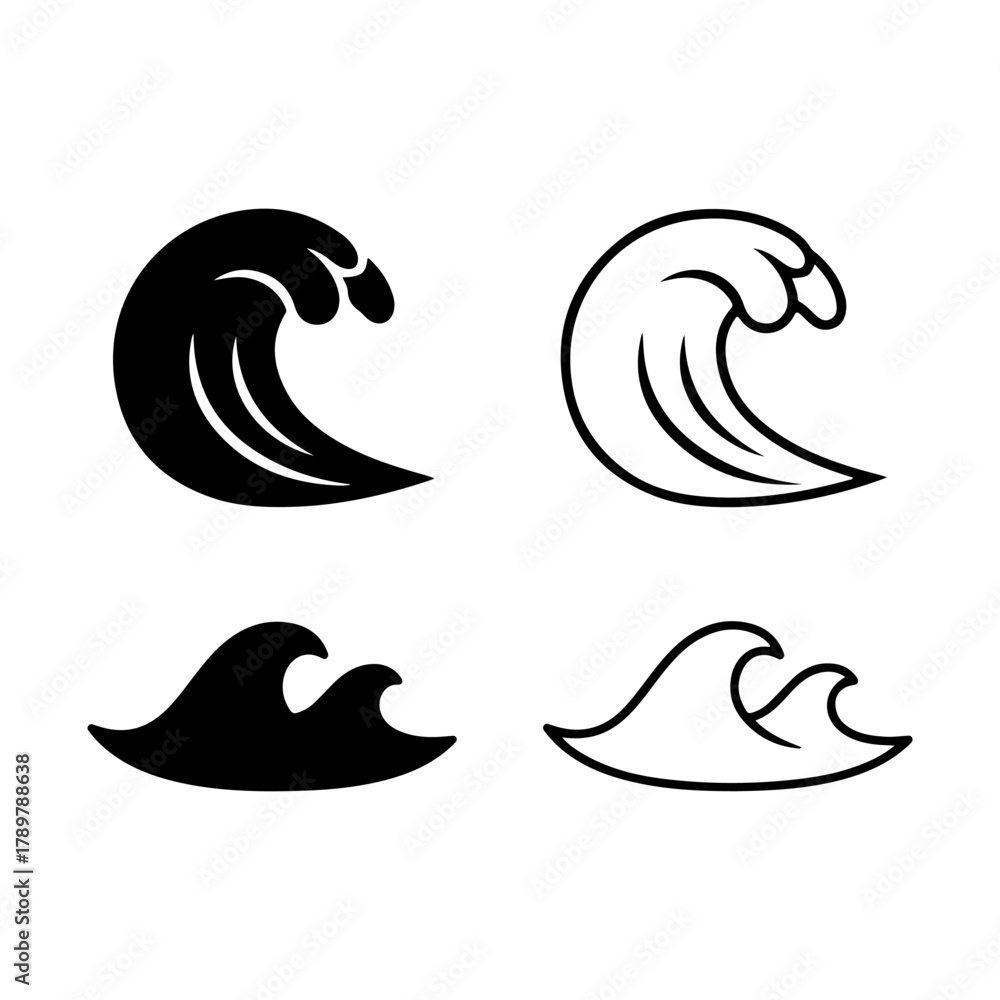 Naklejka premium Water wave icon set vector outline and silhouette design