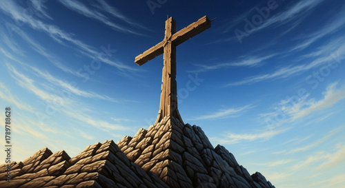 A powerful, low-angle shot of the cross towering over the viewer on a jagged peak. The background is a vast, endless blue sky with wisps of white clouds, evoking a sense of scale and sacrifice