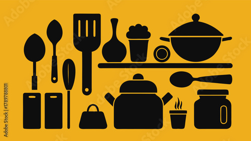 Black silhouette icons of cookware and utensils on a yellow background