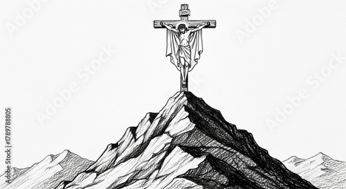 A monochromatic, highly detailed charcoal sketch of Jesus on the cross at the peak of a mountain. Emphasis on texture, shadows, and fine line work, capturing the solemnity of the moment
