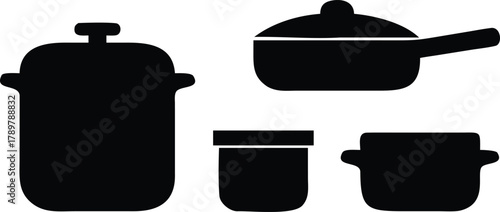 Black Kitchen Cookware Icons. Solid, filled icon set of kitchen cookware