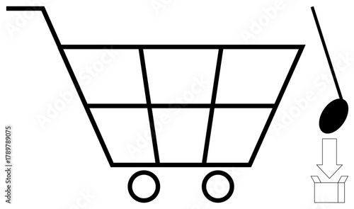 Black shopping cart with a hanging price tag and a box icon below an arrow. Ideal for retail, e-commerce, purchases, logistics, pricing, shipping, and delivery concepts in a simple flat metaphor