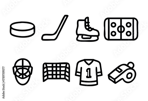 A collection of hockey-related items including a puck, stick, skates, goals, jersey, and whistle, all illustrated in bold line art on a plain background.