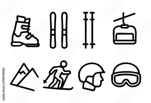 Various skiing gear is displayed, including boots, skis, poles, and a lift. A skier is shown in action on snow-covered mountains with safety gear.