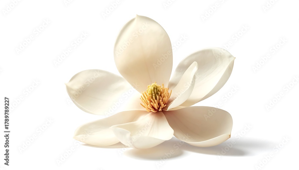 Fototapeta premium Magnolia blossom isolated with gentle shadow, clean white background for luxury design