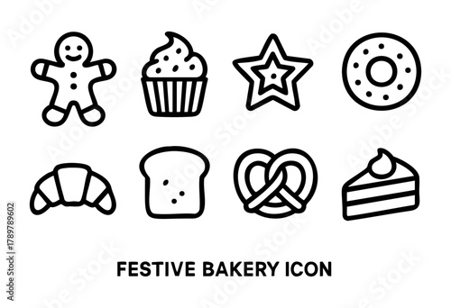 A collection showcases various festive bakery icons, including a gingerbread man, cupcake, star, donut, croissant, loaf of bread, pretzel, and slice of cake. Perfect for holiday-themed designs.