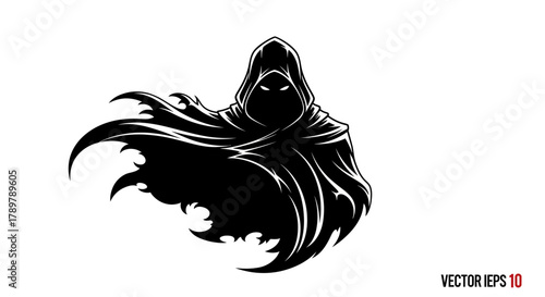 Mysterious hooded figure in dark cloak vector illustration of a shadowy character isolated on white background