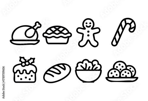 A collection of festive food icons featuring a roasted chicken, pie, gingerbread figure, candy cane, holiday cake, bread, salad, and cookies. These symbols represent the joy of celebration.