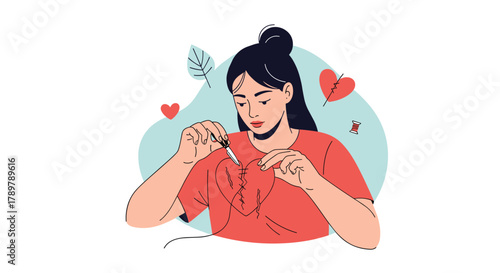 A young woman mends a broken heart on her chest with needle and thread, symbolizing self-healing, resilience, and recovery from emotional pain.