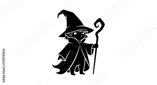 Silhouette of a cute wizard character wearing a hat and cloak holding a staff vector illustration isolated on white