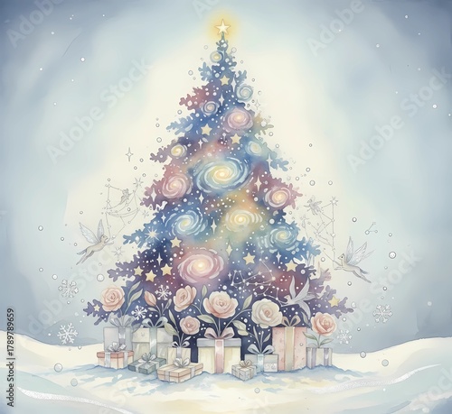 A surreal Christmas eve painted in elegant watercolor,