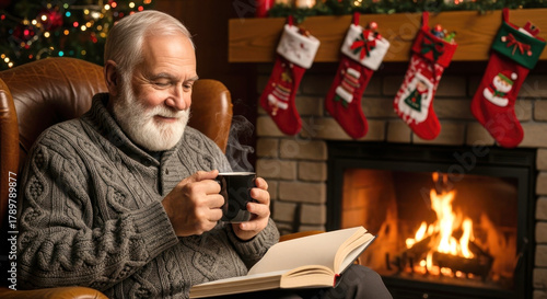 Smiling senior man reading book and drinking coffee by christmas fireplace