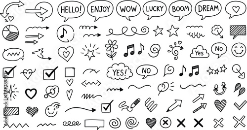 Black Line Doodle Symbols Icons on White Background Arrow Speech Bubble Heart Music
