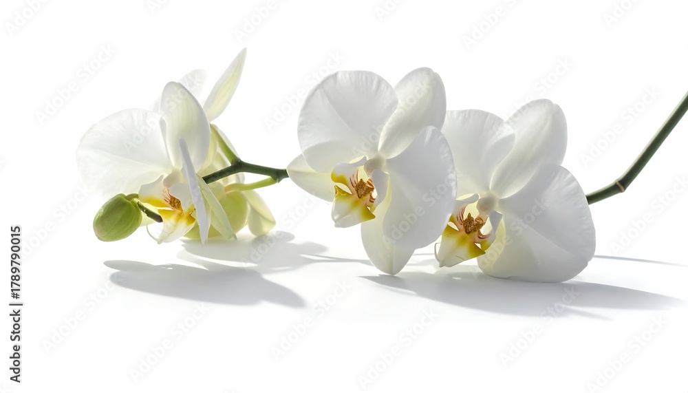 Obraz premium Minimalist orchid branch isolated, elegant white flowers, soft lighting