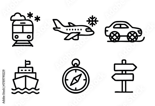 Various travel symbols illustrating different modes of transportation are displayed. The symbols include a train, airplane, car, ship, compass, and directional signs, highlighting travel choices.