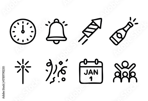 Various symbols representing New Year celebrations, including a clock, bell, firework, champagne bottle, and confetti. Perfect for marking the arrival of January 1.