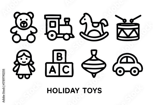 A delightful assortment of holiday toys showcases a teddy bear, a toy train, a rocking horse, a drum, a doll, building blocks, a spinning top, and a toy car, inviting playful memories.