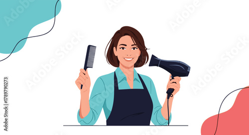 A friendly female hairdresser, wearing an apron, smiles at the viewer while holding a comb and a hairdryer, ready to style.