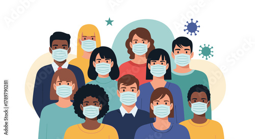 A diverse group of men and women of various ages and ethnicities wear protective face masks during a pandemic, promoting public health.