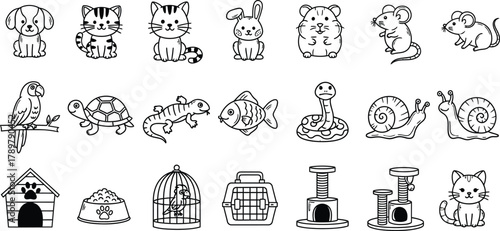 Black Outline Pets Set Featuring Dog, Cat, Rabbit, Snail, Parrot, Turtle Doodles