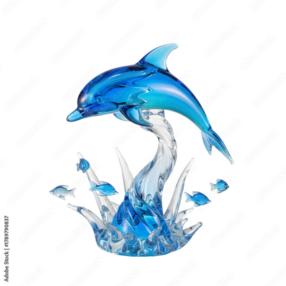 Naklejka premium Artistic Blue Glass Dolphin Sculpture Leaping Through Water Splashes with Small Fish on a Transparent Background