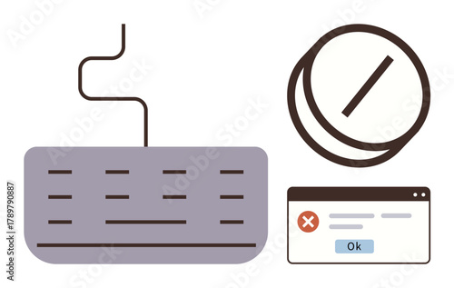 Keyboard with cord, warning popup featuring OK button and red icon, and prohibition sign. Ideal for technology, error notification, failure, system bug, restriction, troubleshooting user error