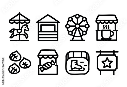 A collection of icons represents various fun fair attractions and activities, such as a carousel, ferris wheel, snack stalls, and a cozy drink booth, capturing the lively spirit of a fair.