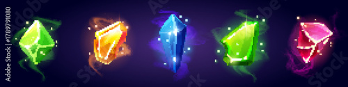Magic crystal gem set with glowing effect for game ui - green diamond, orange stone, blue gemstone and pink jewel with sparkles. Fantasy treasure assets for rpg rewards or mystical power symbols.