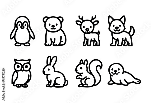 A collection of simple, hand-drawn animal illustrations includes a penguin, koala, deer, dog, owl, rabbit, squirrel, and seal, showcasing their adorable features in a fun design.