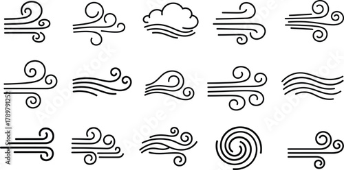 Black wind design elements collection. Various stylized wind shapes on transparent background
