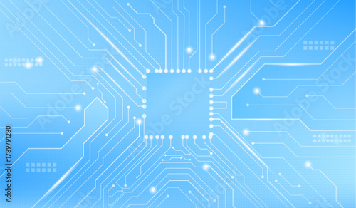 White circuit board pattern on blue tech background with glowing connection lines and nodes. Digital technology layout with electronic pathways for futuristic interface design or networking concept