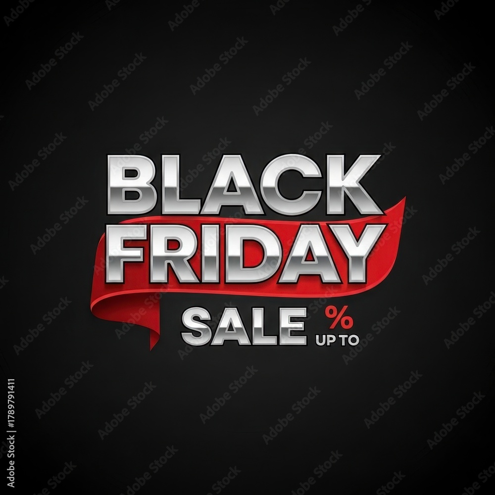 Fototapeta premium Black friday sale up to percentage discount metallic text on red ribbon