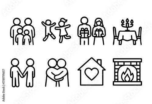 Families engage in fun activities like dancing and gift-giving together. The cozy home includes a warm fireplace and romantic dinner arrangements, symbolizing love.