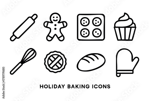 Various holiday baking icons showcase a rolling pin, gingerbread man, cookies, cupcake, whisk, pie, bread, and mitt. These fun graphics illustrate festive cooking activities.