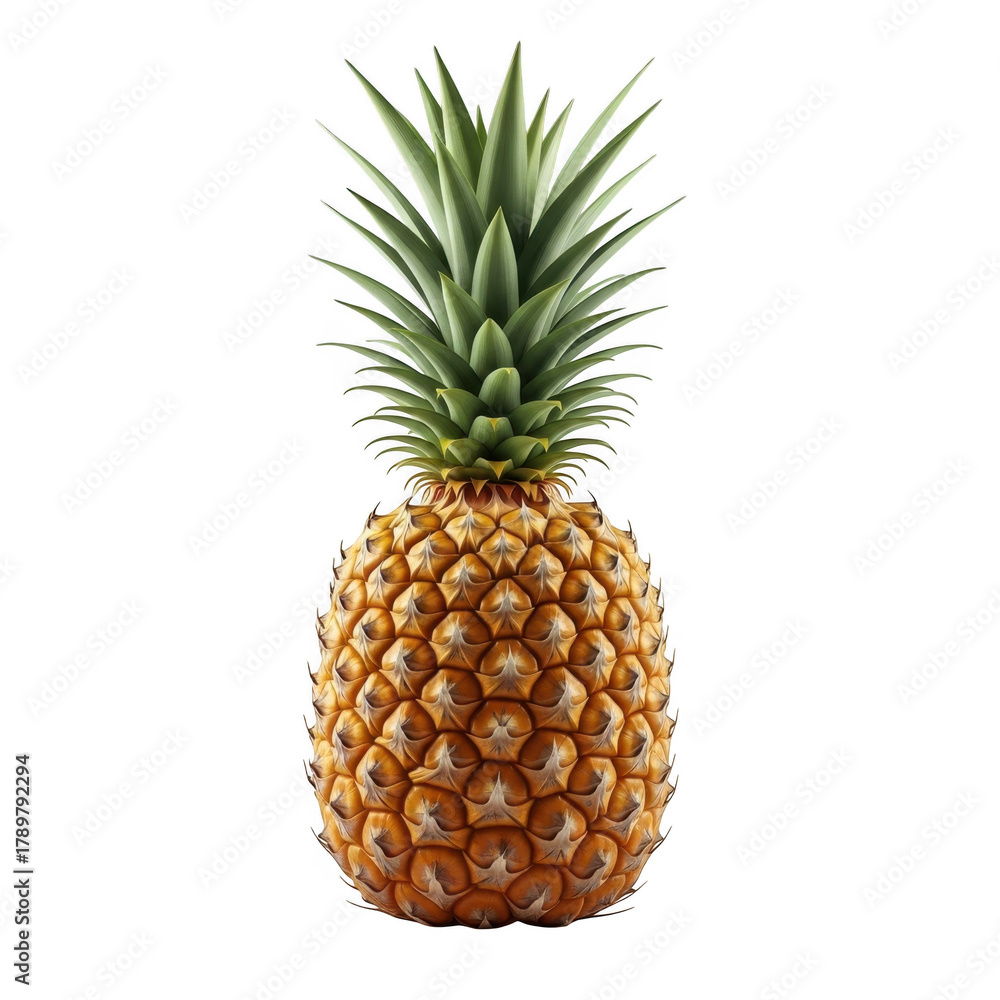 Fototapeta premium Fresh whole pineapple with green leaves, ripe tropical fruit on white background, golden yellow pineapple isolated for food design and packaging