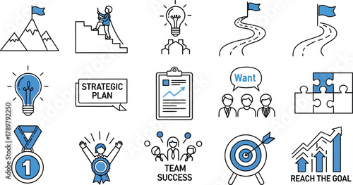 Business Achievement Outline Icon Set with Mountain, Target, Team, Stairs, Medal