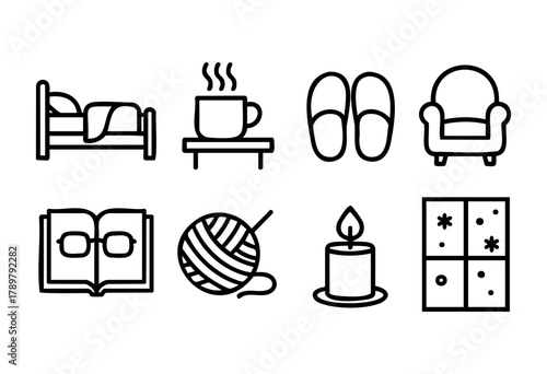 A collection of cozy home items includes a bed, hot drink, slippers, armchair, book, glasses, yarn, candle, and games, all enhancing a warm and inviting space for relaxation.