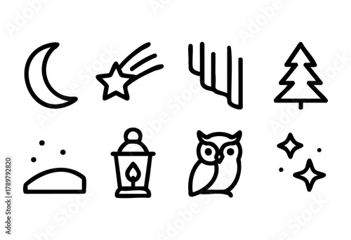 A collection of simple line drawings showcases elements of the night such as a crescent moon, shooting stars, an owl, and a lantern. This design captures a calm, peaceful nighttime scene.