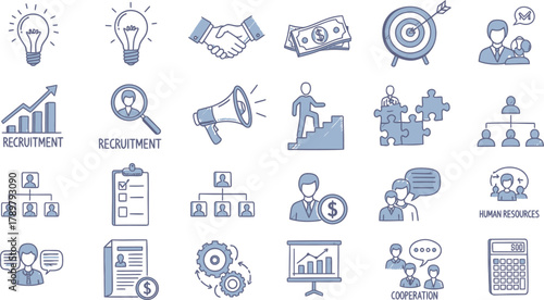 Business Concept Icons Set of Recruitment Cooperation Human Resources in Blue Sketches