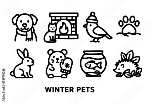 Winter pets gather around a warm fireplace. A dog in a scarf, a cat by the fire, and various animals illustrate cozy moments in winter settings.