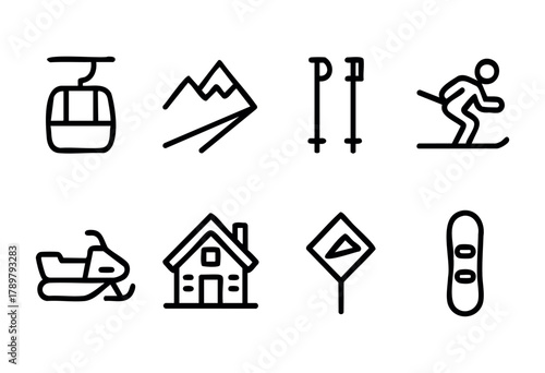 A collection of simple icons showcases activities and infrastructure related to skiing. Included are cable cars, mountains, skis, a skier, snowmobiles, a cozy cabin, and snowboards, ideal for winter s