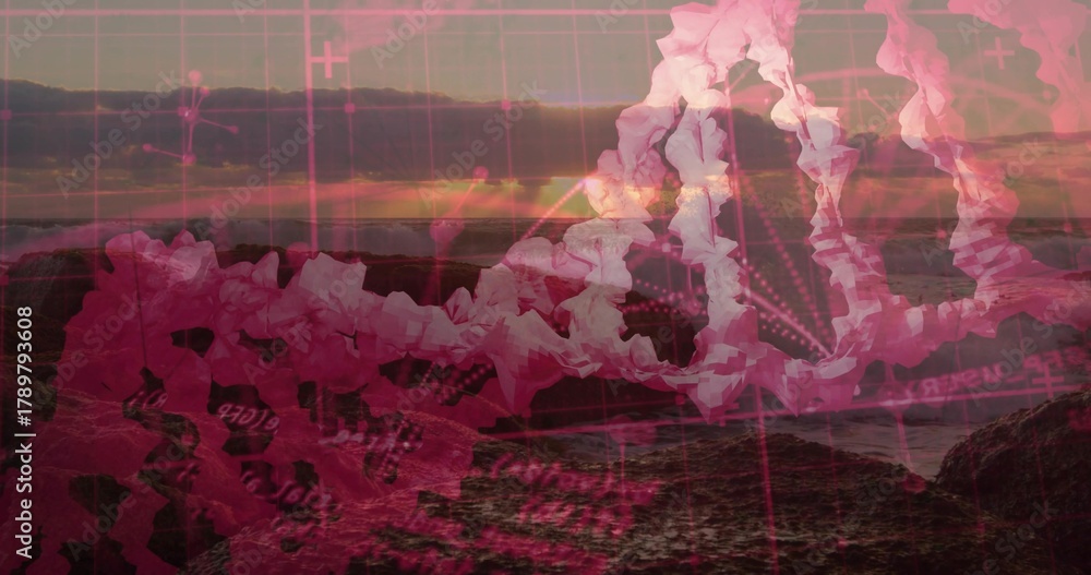 Obraz premium Floating translucent DNA-like helix crossing coastal sunset shoreline, blending with magenta grid