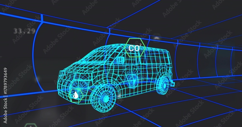 Fototapeta premium Displaying wireframe van model occupying centered tunnel corridor, showing blue floor grid, HUD CO2