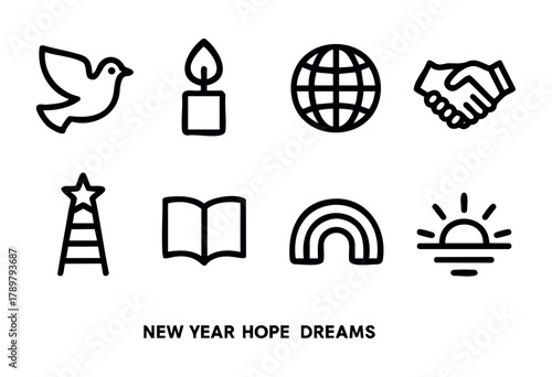Various icons represent hope, dreams, and unity for the new year. Symbols include a dove, candle, globe, handshake, star, open book, rainbow, and sunrise, all inviting positivity.
